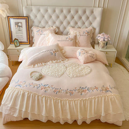 Decobites Pink Princess Lace Ruffle Bedding Set with Rose Embroidery, Fleece Duvet Cover, Sheet, Pillowcase