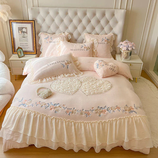 Decobites Pink Princess Lace Ruffle Bedding Set with Rose Embroidery, Fleece Duvet Cover, Sheet, Pillowcase