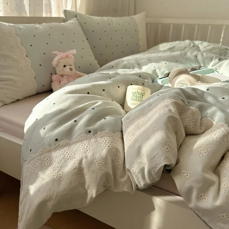 Juego de Ropa de Cama Decorbites™ de Encaje para Edredón 4 Piezas Algodón Lavado Francés para Cama Individual Doble