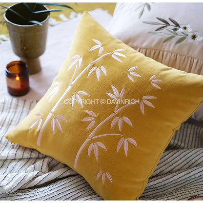 DecorBites™ Bamboo Embroidery Yellow Patchwork Art Throw Pillow Cover 45x45cm