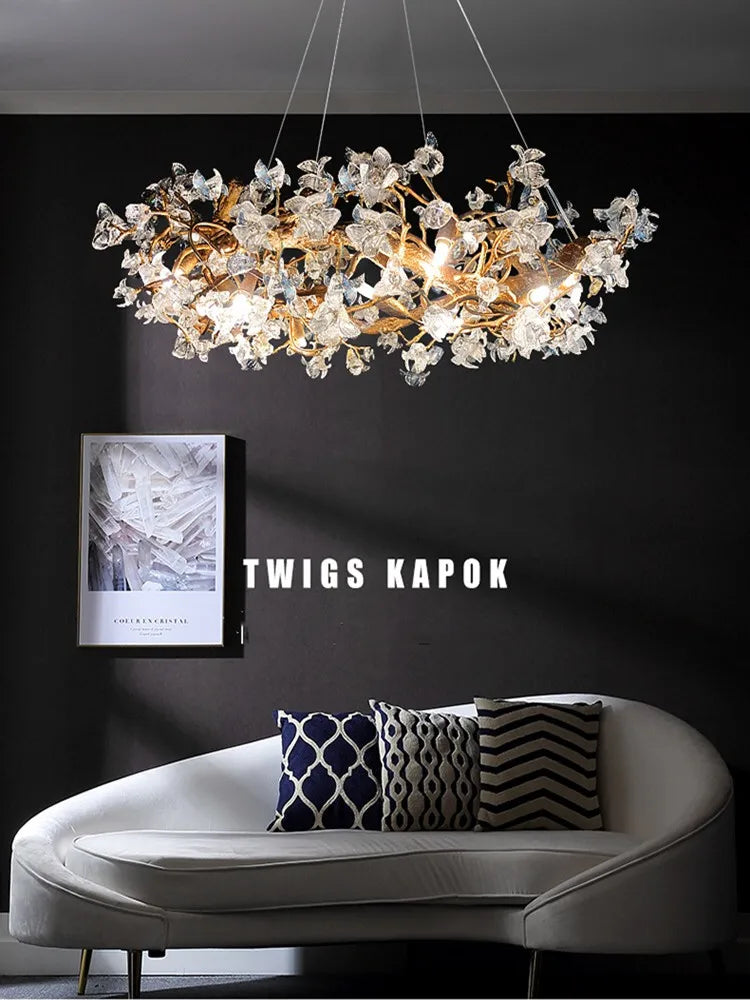 DecorBites™ Glass Crystal LED Branches Chandelier Pendant Light - Handmade Kapok Flower Decoration