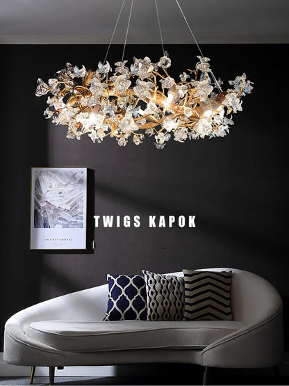 DecorBites™ Glass Crystal LED Branches Chandelier Pendant Light - Handmade Kapok Flower Decoration