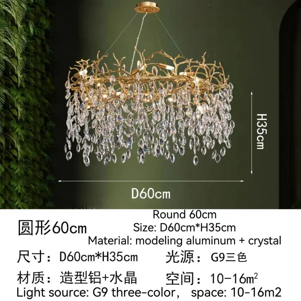 DecorBites™ Golden Crystal Tree Chandelier, Luxury Matte Aluminum Art Ceiling Light for Living Room