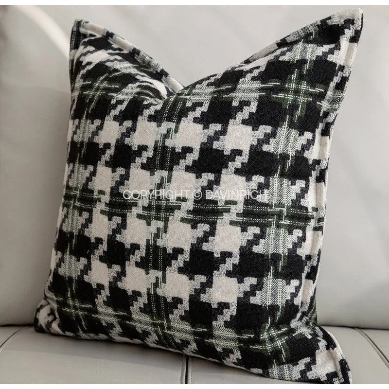 DecorBites™ Houndstooth Square Cushion Cover - Black White Green Luxury Contemporary Pillow Case