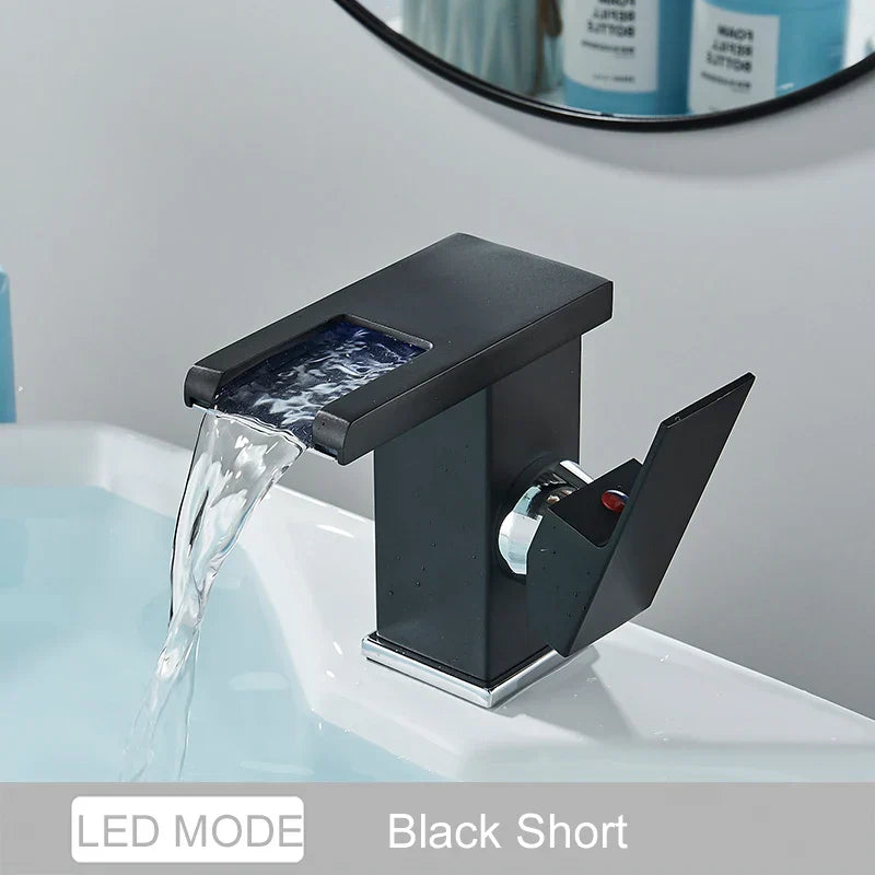 DecorBites™ LED Waterfall Basin Faucet - Color Changing, Single Handle, Deck Mounted.
