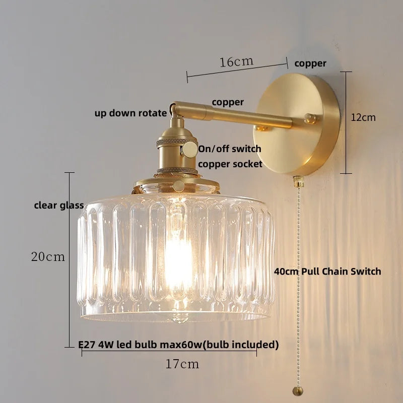 DecorBites™ Clear Glass LED Wall Sconce, Modern Rotating Bedside Lamp with Pull Chain & Copper Socket