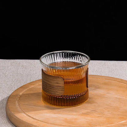 DecorBites™ Japanese Glass Tea Cup Set with Walnut Sleeve - High Quality Transparent Drinkware