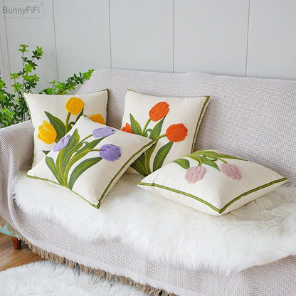DecorBites™ Green Tulip Embroidery Pillowcase 45X45CM - Sofa Bed Office Car Chair Cover
