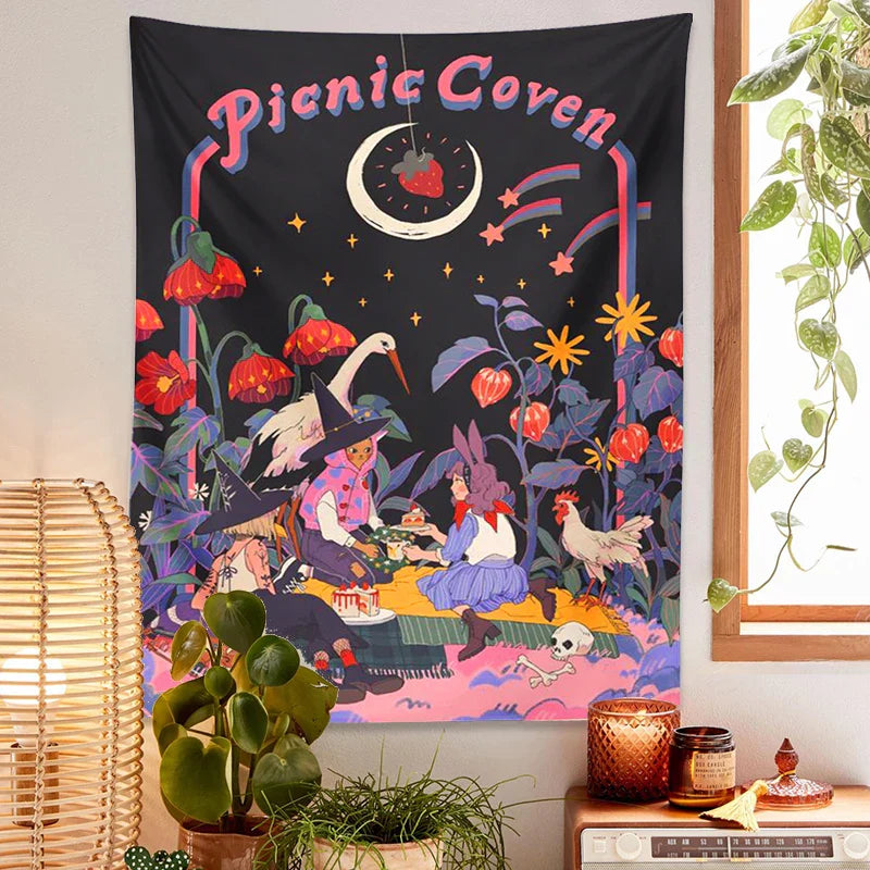 Decobites Psychedelic Forest Tapestry Wall Hanging: Magical Fairy Tale Mushroom Moon Fantasy