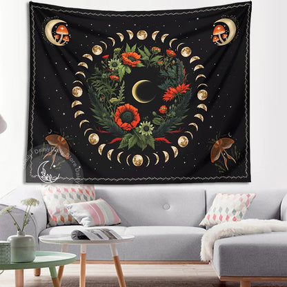 Decobites Moon Phase Flower Moth Tapestry: Psychedelic Floral Boho Wall Decor