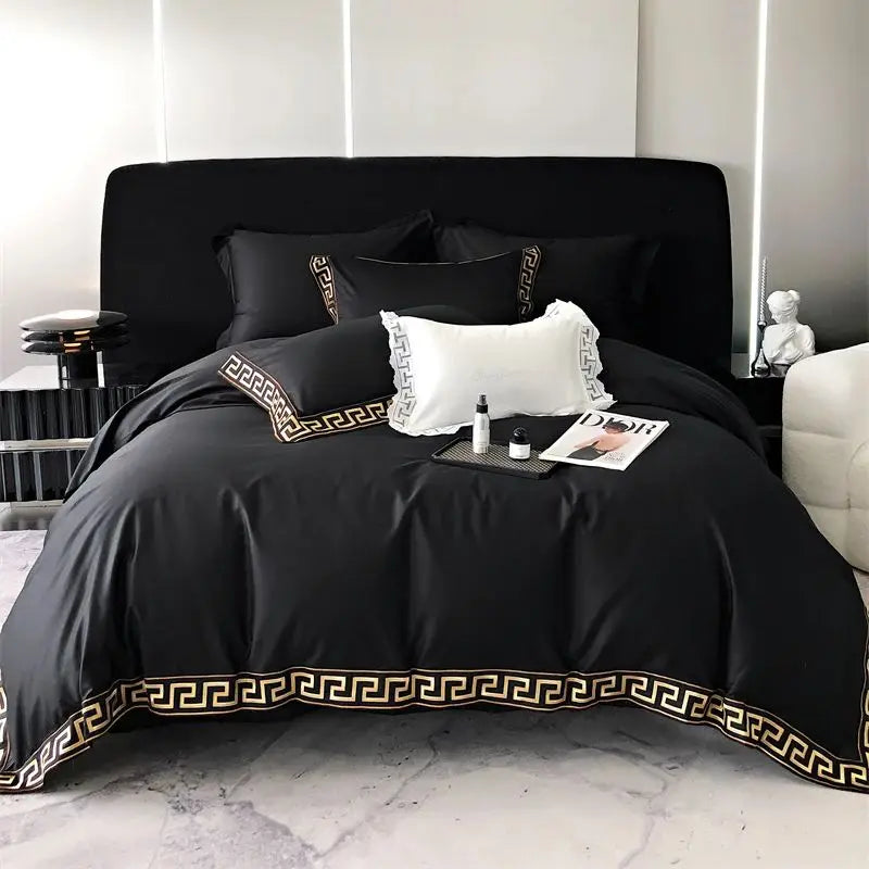 Conjunto de edredón con bordado de oro Decorbites™, Ropa de cama de algodón egipcio negro, 1000TC, Doble Rey Reina