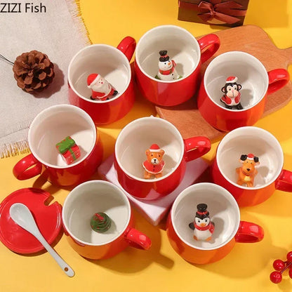 DecorBites™ Christmas Animals Ceramic Tea Cup Set Red Porcelain Mugs