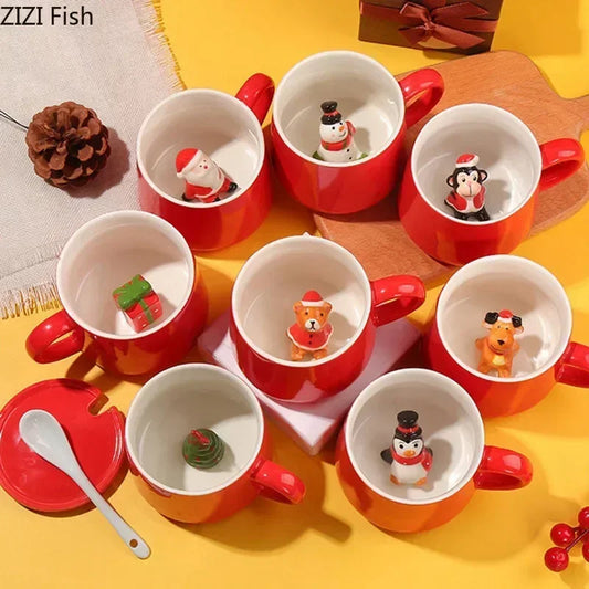 DecorBites™ Christmas Animals Ceramic Tea Cup Set Red Porcelain Mugs