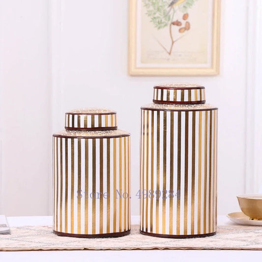 DecorBites™ Golden Stripe Ceramics Vase with Cover, Modern Storage Jar for Home Decor