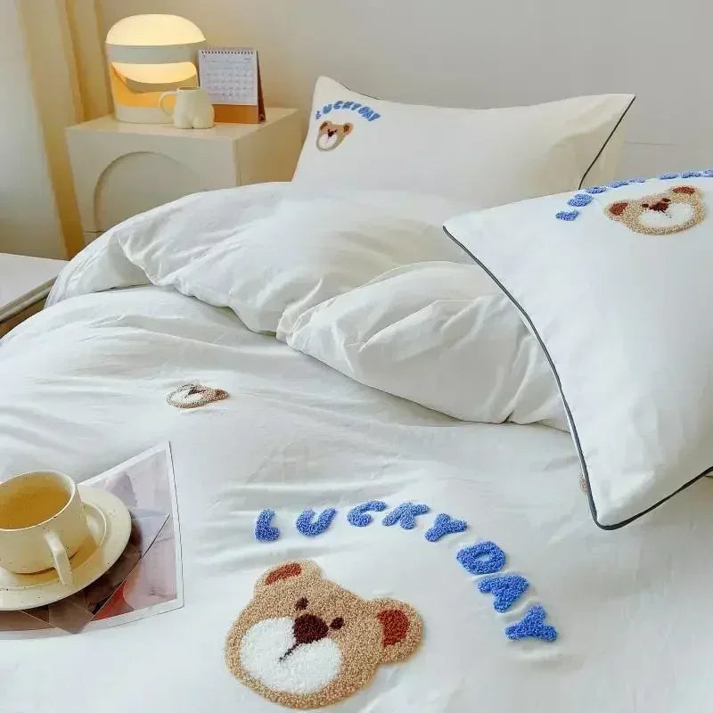 Decobites Cute Bear & Sheep Embroidery Bedding Set for Single/Double Bed