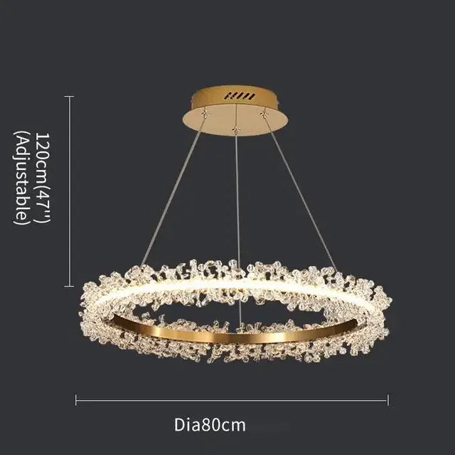 Lámpara de araña LED DecorBites™ con anillo de cristal dorado para decoración del hogar. Ideal para sala de estar, comedor y dormitorio de lujo.
