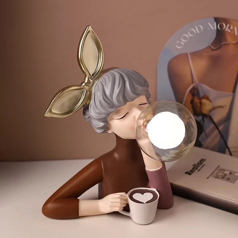DecorBites™ Bubble Girl Resin Statue: Bedroom Night Light & Desk Ornament