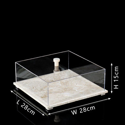 Vitrina acrílica sobre base de travertino de DecorBites™ para coleccionables, figuritas y postres.