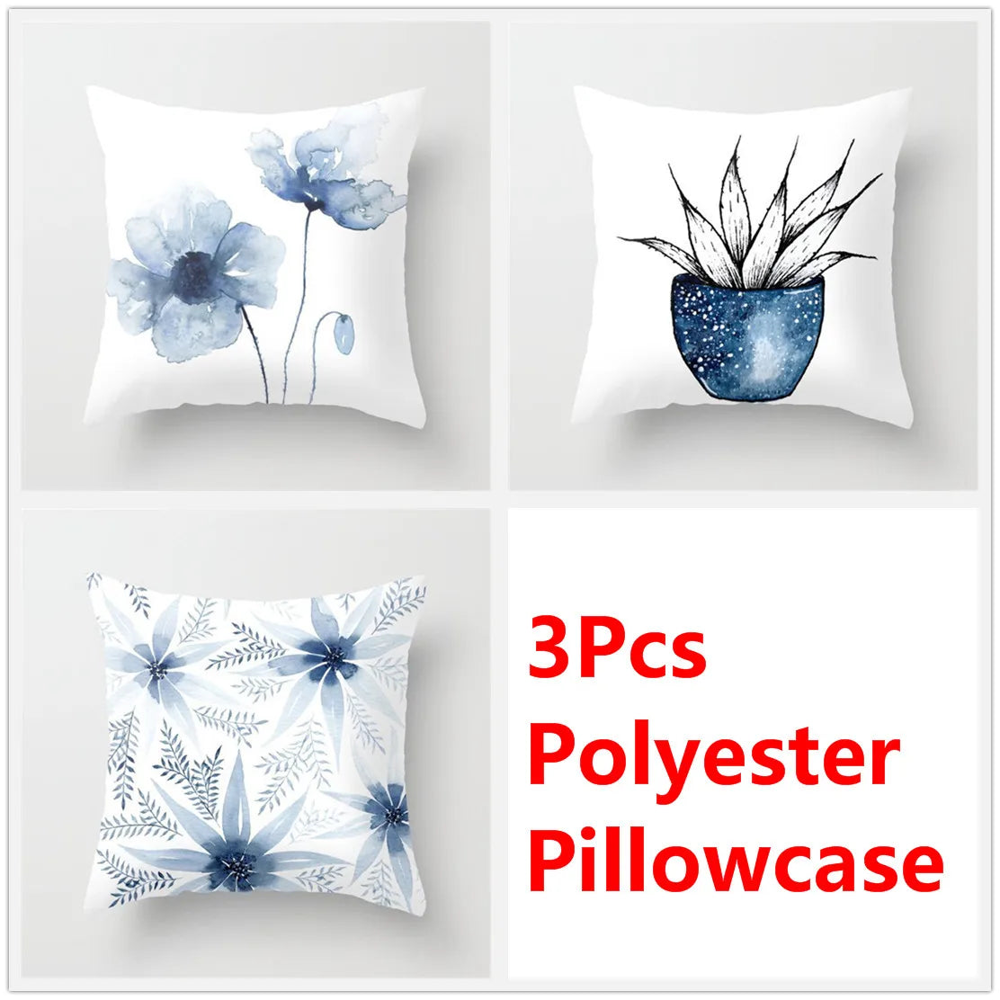 مجموعة أغطية وسائد DecorBites™‎ بنقشة زهور الحبر الأزرق - طقم ثلاثي من أغطية الوسائد للأريكة على الطراز الشمالي لتزيين المنزل