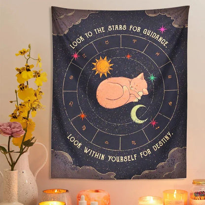 Decobites Tarot Cat Zodiac Astrology Sun Moon Wall Hanging Tapestry for Home Decor