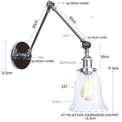 DecorBites™ Chrome Industrial LED Wall Sconce Swing Arm Clear Glass Lamp