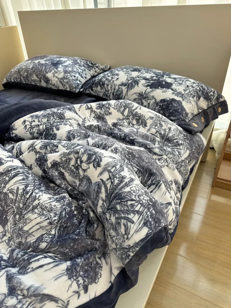 Decobites Forest Plants Prints Velvet Bedding Set, Winter Warm, 4Pcs: Duvet Cover, Sheet, Pillowcases