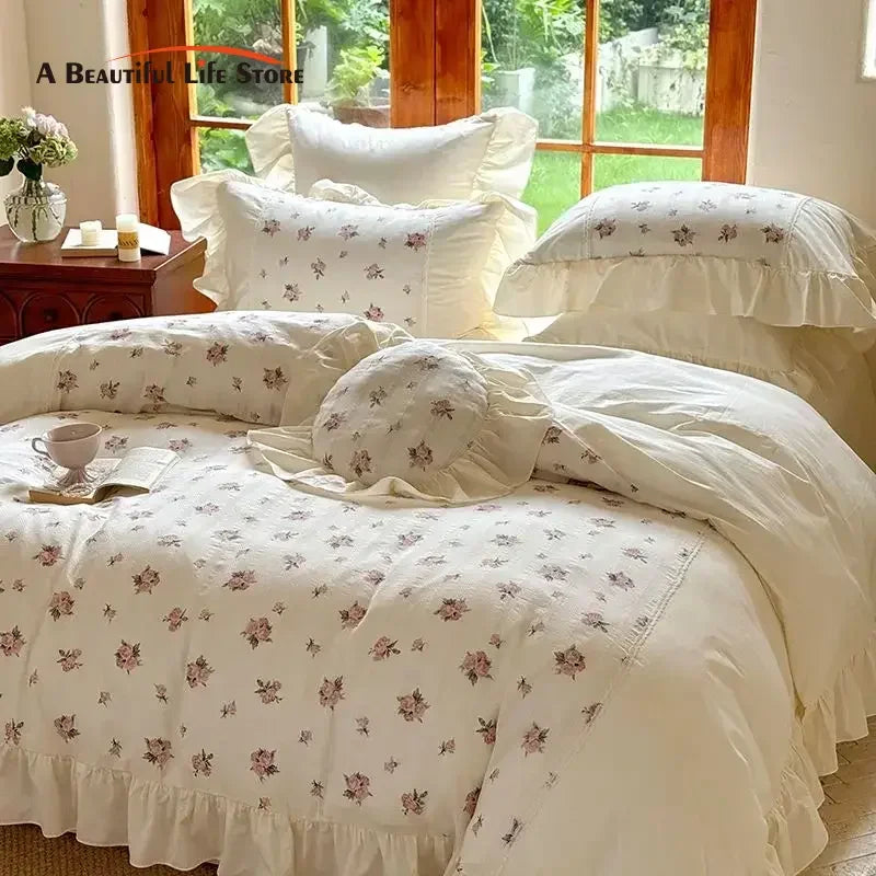 Decobites Vintage Floral Print Ruffled Bedding Set: Duvet Cover, Sheet, Pillowcases