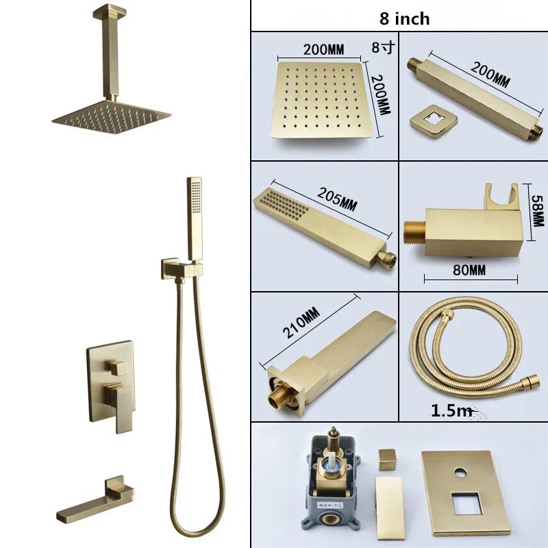 DecorBites™ Brushed Gold In-Wall Shower Set with Rainfall Shower Head 8-12"