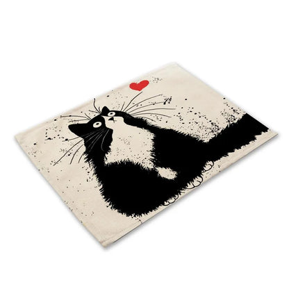 DecorBites™ Black Cat Linen Placemat Set for Dining Table & Kitchen Decor