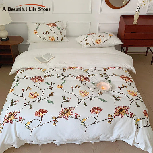 DecorBites™ Cotton Bohemia Flowers Embroidery 4pcs Bedding Set Vintage Duvet Cover King Queen