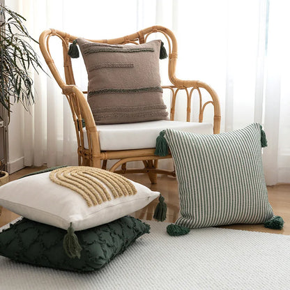 DecorBites™ Green Coffee Geometric Tuft Tassel Cushion Cover - Modern Minimalist Embroidered Pillowcase