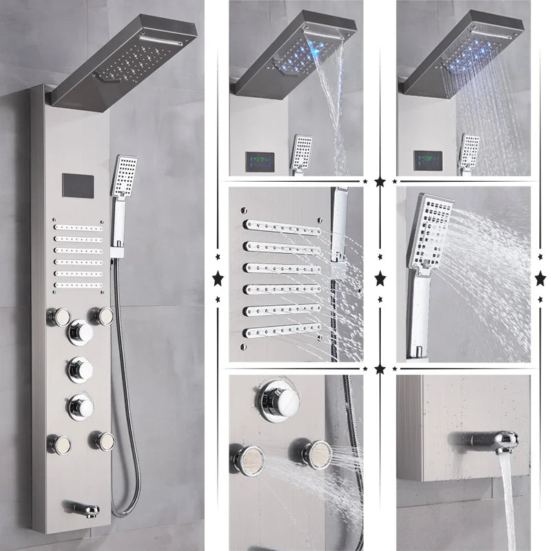 DecorBites™ LED Rainfall Shower Panel System with Temperature Screen & Massage SPA