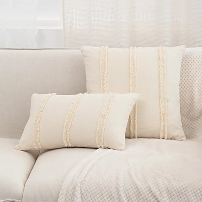 DecorBites™ Boho Linen Cotton Pillow Cover with Tassels - Beige Square/Rectangular 45x45cm/30x50cm