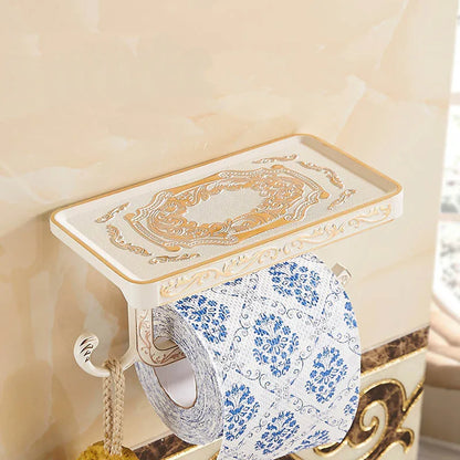 حامل ورق تواليت أسود مع رف للهاتف من DecorBites™: وحدة تخزين حائطية من الألومنيوم للحمام