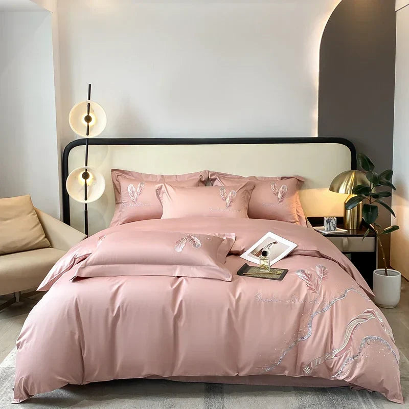 DecorBites™ Cotton Embroidery Bed Linens Set: Full-Queen-King Size, Sheet, Duvet Cover, Pillowcase