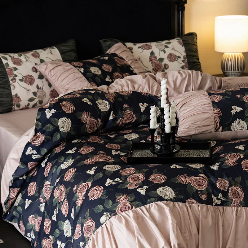 Decobites Vintage Rose Print Ruffles Bedding Set: 800TC Egyptian Cotton, Duvet Cover, Sheet, Pillowcases