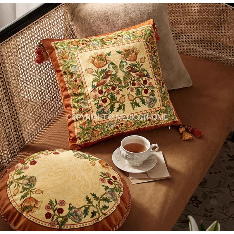 Funda de cojín reversible al estilo tapiz de gobelin Decorbites™ con borlas y decoración floral de pájaros retro
