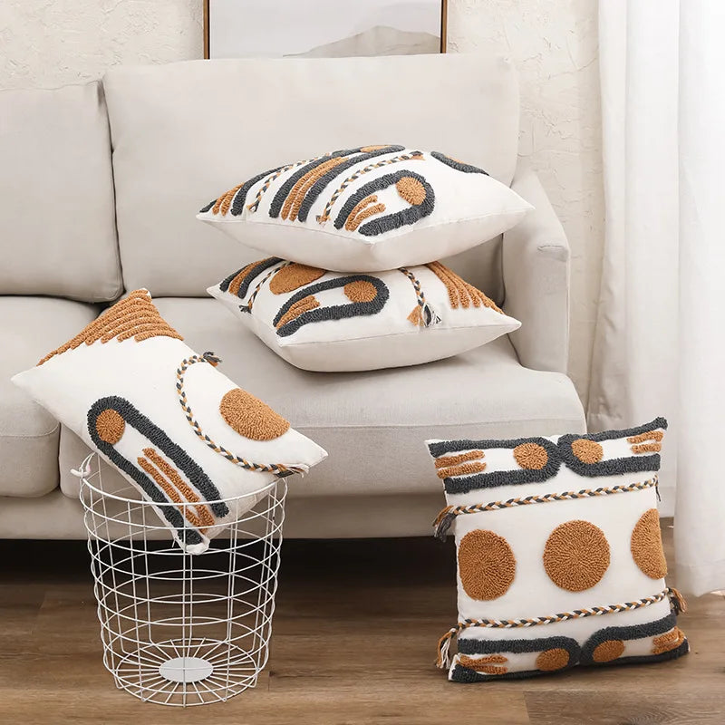 Funda de cojín DecorBites™ de lona de algodón con bordado geométrico, estilo boho, decoración para el hogar.