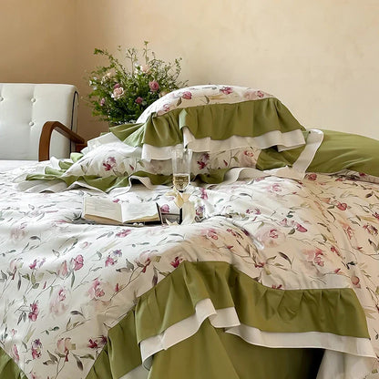 Decobites Rose Flowers Ruffles Princess Bedding Set 1000TC Egyptian Cotton Duvet Cover Sheets Pillowcases