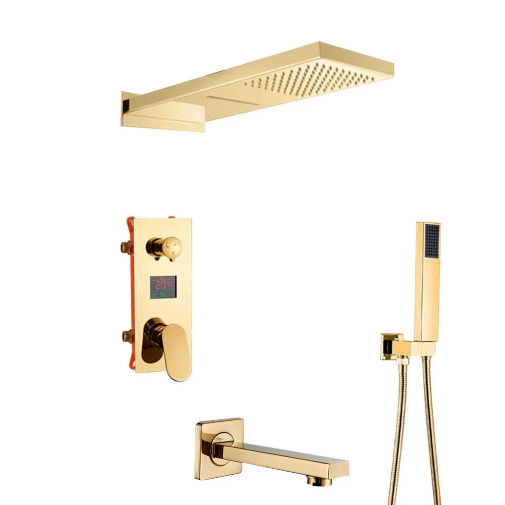 Decorbites™ Grifo de Ducha de Lluvia con Pantalla Digital de 12" en Oro y Control de Palanca Única
