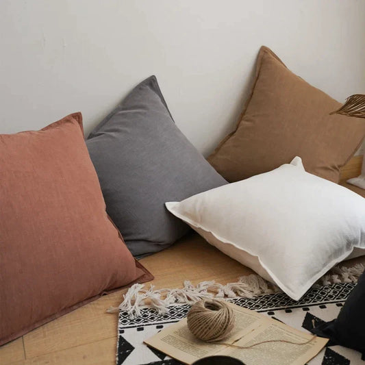 DecorBites™ Linen Pillow Cover 45x45cm with Fringe in Ivory/Dark Grey/Coffee for Home Decor