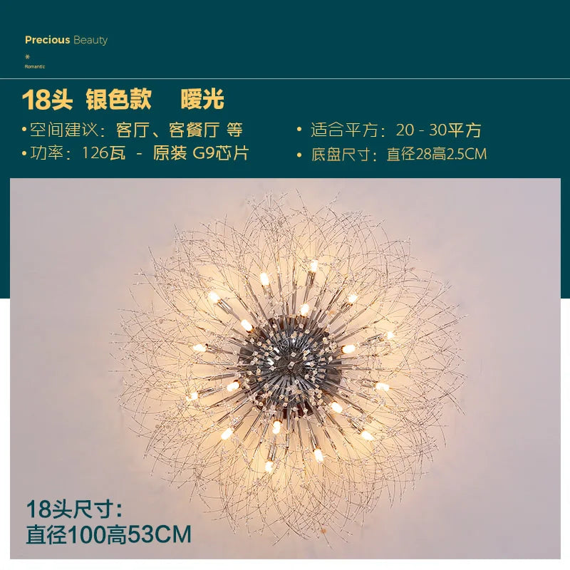 DecorBites™ Golden Dandelion Crystal Chandelier: Warm Nordic LED Ceiling Lamp for Romantic Living Room.