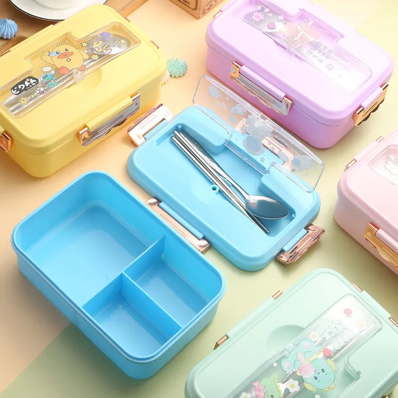 Caja de almuerzo bento de dibujos animados para niños Decorbites™ con tenedor y cuchara, calentada con 3 compartimentos para sándwich y bocadillos