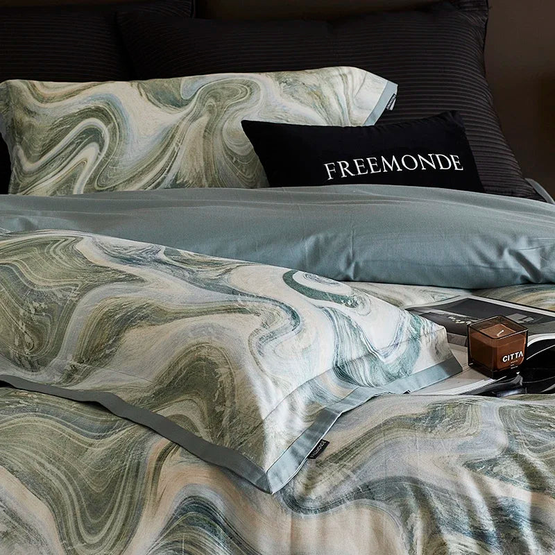 طقم أغطية سرير DecorBites™ مطبوع من القطن المصري 100 قطعة مع ملاءة وغطاء لحاف وغطاء وسادة