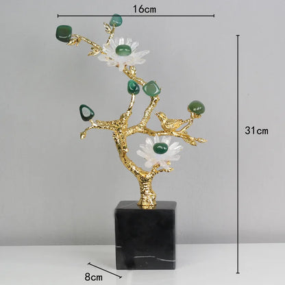 DecorBites™ Golden Tree Crystal Flower Brass Amethyst Decor with Golden Bird Figurines