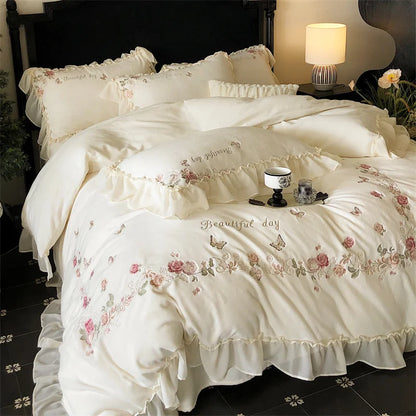 Decobites Rose Butterfly Embroidery Velvet Bedding Set with Lace Details