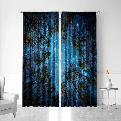 Decobites Dark Blue Forest & City Night View Modern Printed Curtains