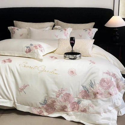 Decobites Luxury Flowers Embroidery Bedding Set 600TC Egyptian Cotton Duvet Cover Queen King Size