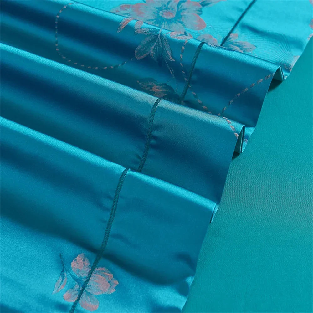 DecorBites™ Blue Satin Jacquard Embroidery Bedding Set: King/Queen Size Bed Lines, Duvet Cover, Pillowcase