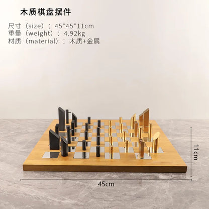 "Juego de ajedrez de bloques geométricos DecorBites™ - Tablero de ajedrez de madera y metal para decoración del hogar"